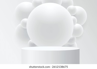 Abstract 3D shape podium with sphere ball on studio background. Pedestal mockup minimal scene empty stage for presentation product cosmetic, stand, showcase, exhibition, fashion display. Vector
