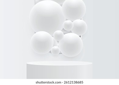 Abstract 3D shape podium with sphere ball on studio background. Pedestal mockup minimal scene empty stage for presentation product cosmetic, stand, showcase, exhibition, fashion display. Vector
