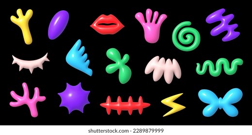 Abstract 3D shape set, colorful collection of cartoon plastic style figures with highlights, diverse simple geometric forms, vector illustration