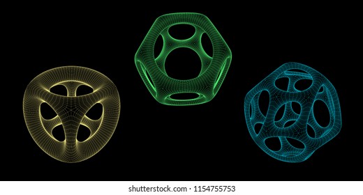 Abstract 3d shape set with holes. Vector wireframe illustration.