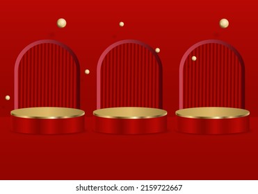 Abstract 3d shape vector rendering for product showcase. Podium with an arch and a ball on the background. Modern red and gold round podium with geometric background. Vector illustration