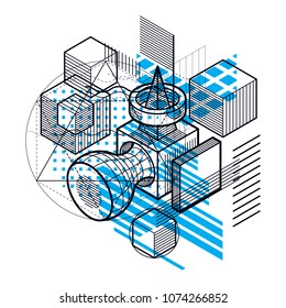 Abstract 3d shapes composition, vector isometric background. Composition of cubes, hexagons, squares, rectangles and different abstract elements.