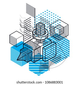 Abstract 3d shapes composition, vector isometric background. Composition of cubes, hexagons, squares, rectangles and different abstract elements.