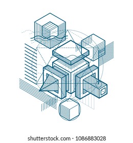 Abstract 3d shapes composition, vector isometric background. Composition of cubes, hexagons, squares, rectangles and different abstract elements.