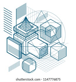Abstract 3d shapes composition, vector isometric background. Composition of cubes, hexagons, squares, rectangles and different abstract elements.