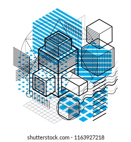 Abstract 3d shapes composition, vector isometric background. Composition of cubes, hexagons, squares, rectangles and different abstract elements.