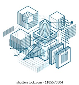 Abstract 3d shapes composition, vector isometric background. Composition of cubes, hexagons, squares, rectangles and different abstract elements.