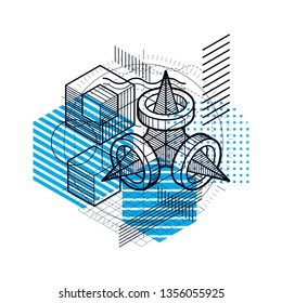 Abstract 3d shapes composition, vector isometric background. Composition of cubes, hexagons, squares, rectangles and different abstract elements.