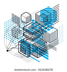 Abstract 3d shapes composition, vector isometric background. Composition of cubes, hexagons, squares, rectangles and different abstract elements.