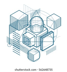 Abstract 3d shapes composition, vector isometric background. Composition of cubes, hexagons, squares, rectangles and different abstract elements.