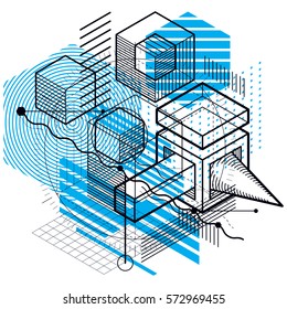 Abstract 3d shapes composition, vector isometric background. Composition of cubes, hexagons, squares, rectangles and different abstract elements.