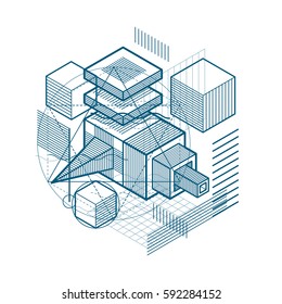 Abstract 3d shapes composition, vector isometric background. Composition of cubes, hexagons, squares, rectangles and different abstract elements.