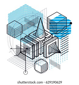 Abstract 3d shapes composition, vector isometric background. Composition of cubes, hexagons, squares, rectangles and different abstract elements.