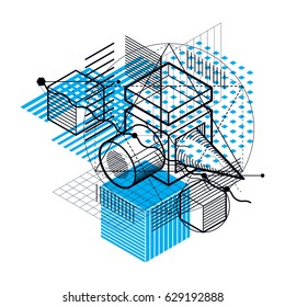 Abstract 3d shapes composition, vector isometric background. Composition of cubes, hexagons, squares, rectangles and different abstract elements.