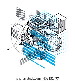 Abstract 3d shapes composition, vector isometric background. Composition of cubes, hexagons, squares, rectangles and different abstract elements.