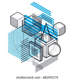 Abstract 3d shapes composition, vector isometric background. Composition of cubes, hexagons, squares, rectangles and different abstract elements.