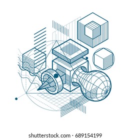 Abstract 3d shapes composition, vector isometric background. Composition of cubes, hexagons, squares, rectangles and different abstract elements.