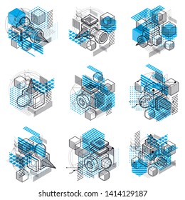 Abstract 3d shapes compositions, vector isometric backgrounds. Compositions of cubes, hexagons, squares, rectangles and different abstract elements. Vector collection.