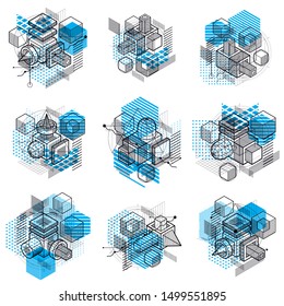 Abstract 3d shapes compositions, vector isometric backgrounds. Compositions of cubes, hexagons, squares, rectangles and different abstract elements. Vector collection.