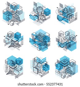 Abstract 3d shapes compositions, vector isometric backgrounds. Compositions of cubes, hexagons, squares, rectangles and different abstract elements. Vector collection.