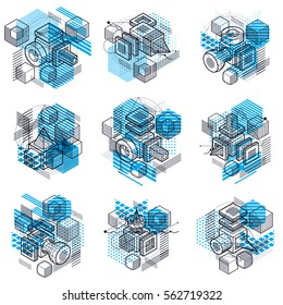 Abstract 3d shapes compositions, vector isometric backgrounds. Compositions of cubes, hexagons, squares, rectangles and different abstract elements. Vector collection.
