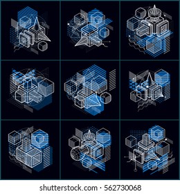 Abstract 3d shapes compositions, vector isometric backgrounds. Compositions of cubes, hexagons, squares, rectangles and different abstract elements. Vector collection.