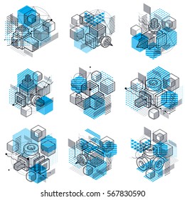 Abstract 3d shapes compositions, vector isometric backgrounds. Compositions of cubes, hexagons, squares, rectangles and different abstract elements. Vector collection.
