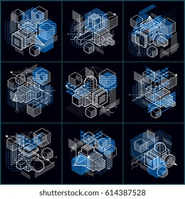 Abstract 3d shapes compositions, vector isometric backgrounds. Compositions of cubes, hexagons, squares, rectangles and different abstract elements. Vector collection.