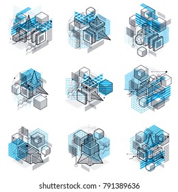 Abstract 3d shapes compositions, vector isometric backgrounds. Compositions of cubes, hexagons, squares, rectangles and different abstract elements. Vector collection.