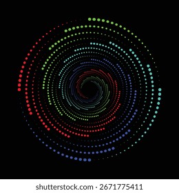 Abstract 3D Shapes And Geometric Design Set. Colorful Vector Illustrations Of Spheres, Circular Dot Patterns, And Futuristic Graphics On Black Background. Modern Digital Art Elements