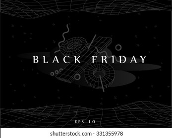 Abstract 3D shapes and 3D symbol percent with dark backgrounds behind for black friday poster or website main page