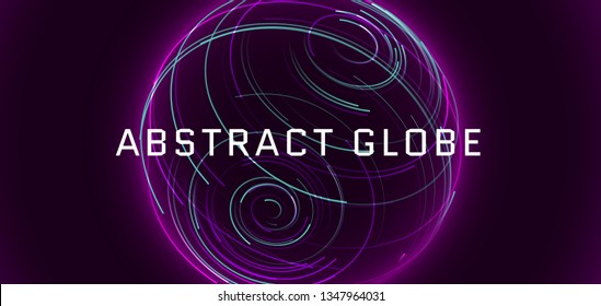 Abstract 3d shere consist of neon stripes. Global network connection.  Abstract Globe Grid. Worldwide communication. Futuristic earth globe. Vector science, technology illustration.
