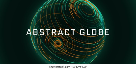 Abstract 3d shere consist of neon stripes. Global network connection.  Abstract Globe Grid. Worldwide communication. Futuristic earth globe. Vector science, technology illustration.
