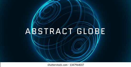 Abstract 3d shere consist of neon stripes. Global network connection.  Abstract Globe Grid. Worldwide communication. Futuristic earth globe. Vector science, technology illustration.
