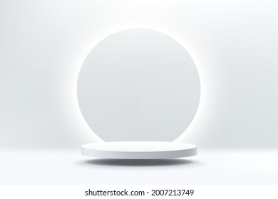 Abstract 3D silver cylinder pedestal podium floating on air with glowing neon ring background. Silver wall scene for product display presentation. Vector rendering geometric platform futuristic design