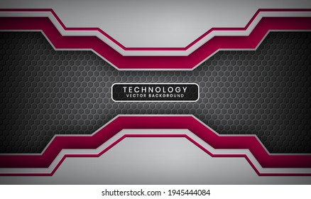Abstract 3D silver and red techno background overlap layers on dark space with metallic hexagon decoration. Modern graphic design template elements for flyer, card, cover, brochure, or landing page