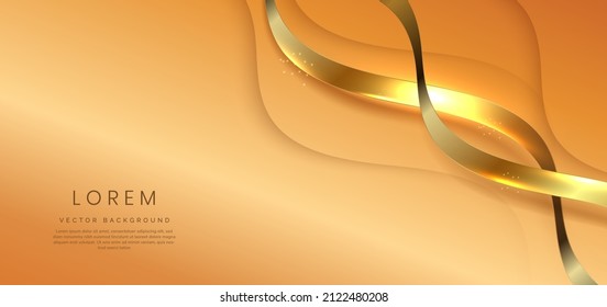 Abstract 3d soft orange background with ribbon gold lines curved wavy sparkle with copy space for text. Luxury style template design. Vector illustration