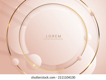 Abstract 3d soft pink circle overlap with golden lines and light effect background. Luxury concept. Vector illustration. Vector illustration