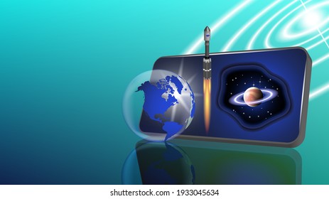 Abstract 3D space poster. Saturn on the smartphone screen. Transparent planet Earth. Rocket taking off with a fiery jet. Reflections and bright glowing highlights and circles