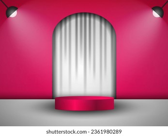 
Abstract 3D space, realistic cylindrical podium with arch shape background. Minimal wall scene for product display mockup. Vector geometric shapes. Round stage for performances.