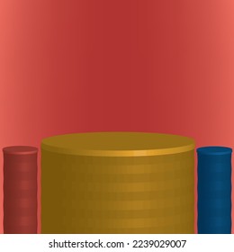 Abstract 3D space with series of steps podium realistic standing cylinders of red, yellow and blue colors. Minimal wall view for product display mockup