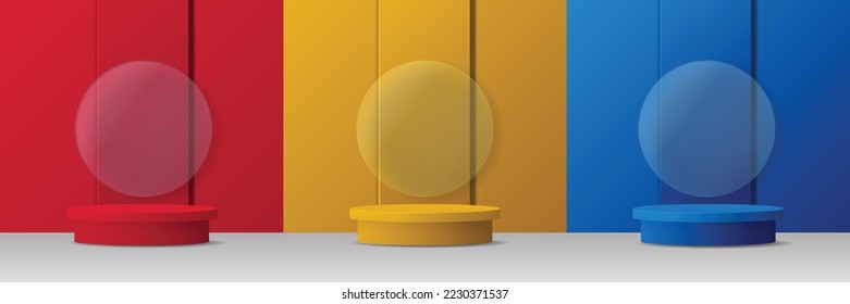 Abstract 3D space set with yellow, blue, red realistic cylinder podium. Texture of vertical lines and transparent glass circles on the wall. Vector geometric shapes. Product display mockup. Minimal sc