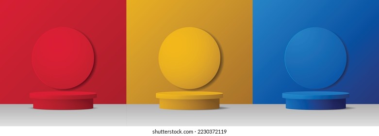 Abstract 3D space set with yellow, blue, red realistic cylinder podium. Circle texture on the wall. Vector geometric shapes. Product display mockup. Minimal scene. Stage show.