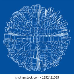 Abstract 3d Sphere with City, Blueprint Style. 3D Rendering Vector Illustration. Architecture Design Background