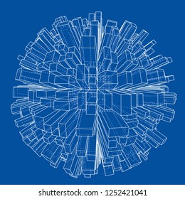 Abstract 3d Sphere with City, Blueprint Style. 3D Rendering Vector Illustration. Architecture Design Background