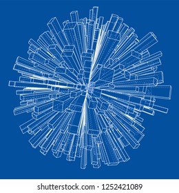 Abstract 3d Sphere with City, Blueprint Style. 3D Rendering Vector Illustration. Architecture Design Background