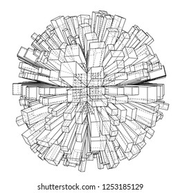Abstract 3d Sphere with City, Blueprint Style. 3D Rendering Vector Illustration. Architecture Design Background