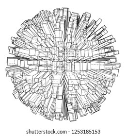 Abstract 3d Sphere with City, Blueprint Style. 3D Rendering Vector Illustration. Architecture Design Background