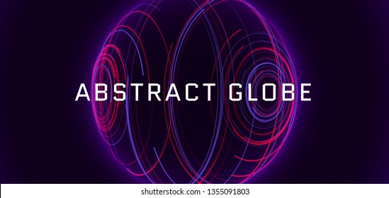Abstract 3d sphere consist of neon stripes. Global network connection.  Abstract Globe Grid. Worldwide communication. Futuristic earth globe. Vector science, technology illustration.
