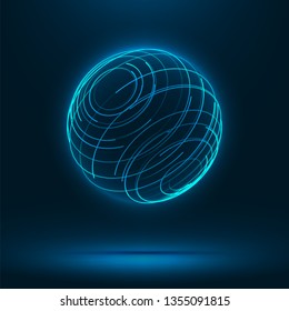 Abstract 3d sphere consist of neon stripes. Global network connection.  Abstract Globe Grid. Worldwide communication. Futuristic earth globe. Vector science, technology illustration.
